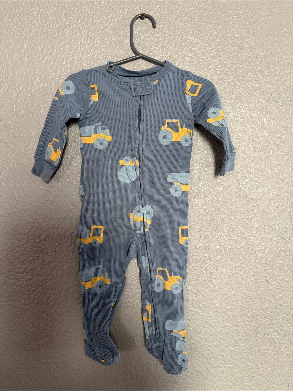 Blue Waffle-Knit Footed One-Piece with Yellow Construction Trucks